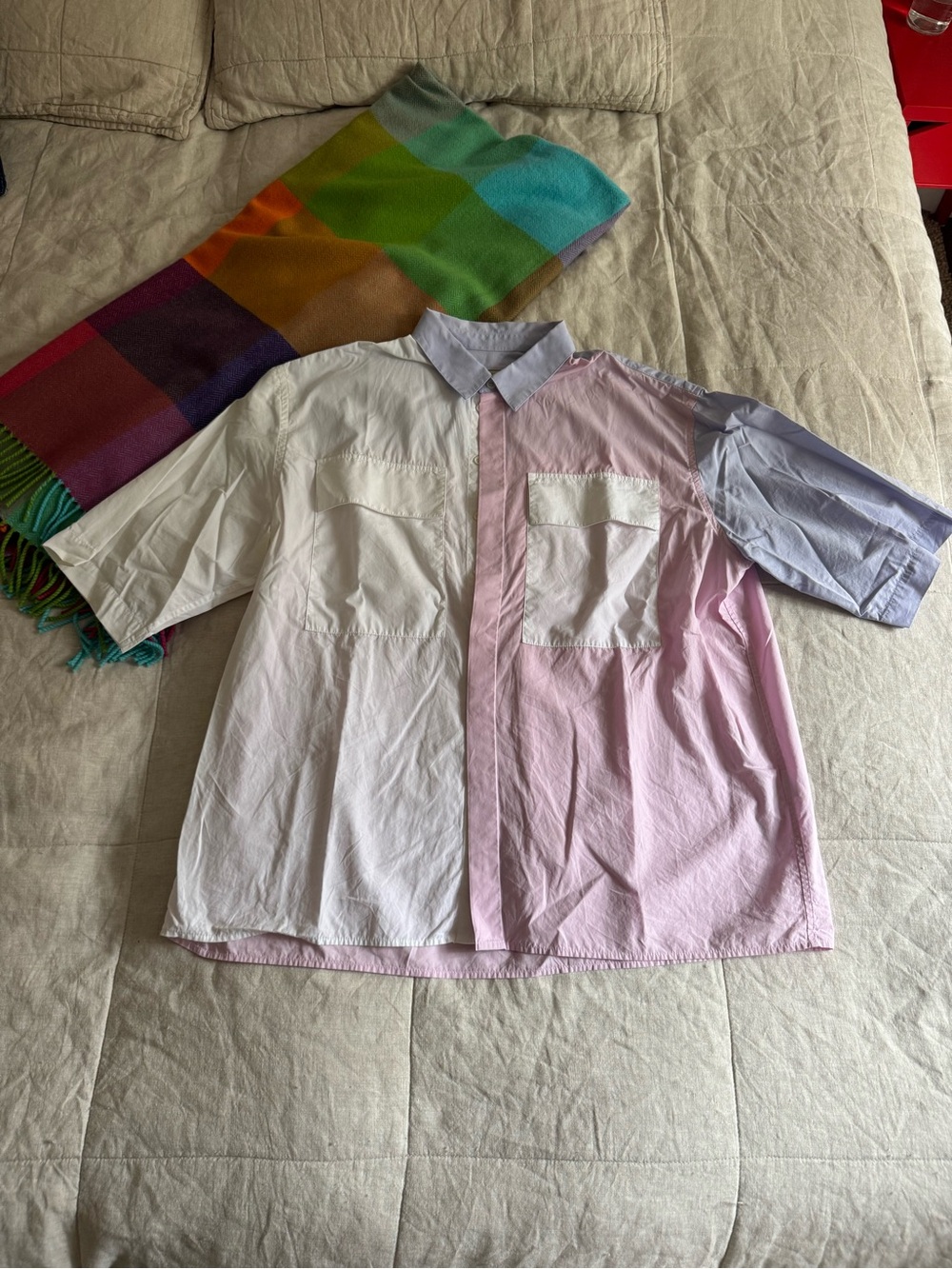 Colorblock Short-Sleeve Button-Up Shirt in White, Pink & Light Blue